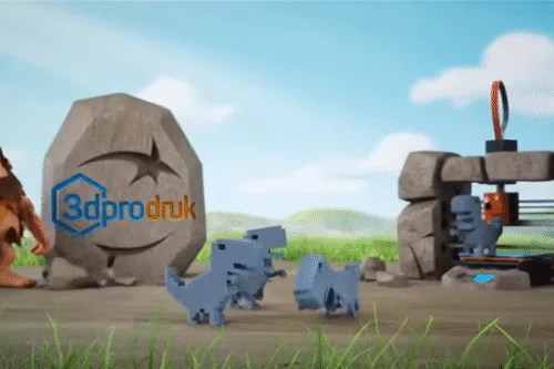 Zdjęcie przedstawia jaskiniowca, logo firmy 3D Pro Druk, oraz wydrukowane w technologii 3D figurki dinozaurów