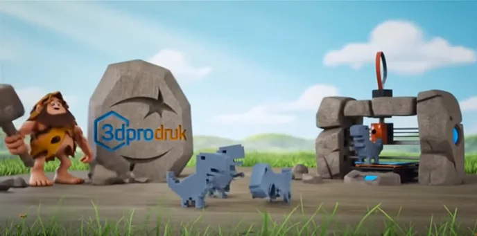Zdjęcie przedstawia jaskiniowca, logo firmy 3D Pro Druk, oraz wydrukowane w technologii 3D figurki dinozaurów
