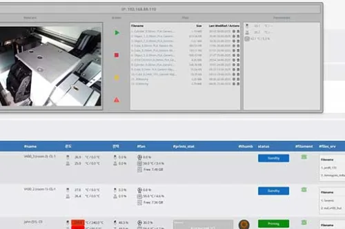 Panel systemu do monitorowania i zarządzania farmą drukarek 3D z podglądem pracy urządzeń